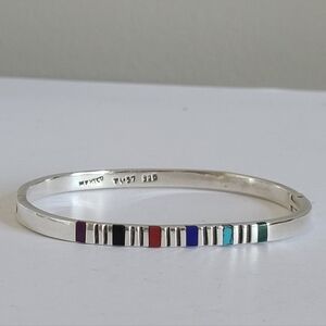 Vintage TAXCO Boho Sterling Silver Multi Gemstone Onyx Inlay Bangle Bracelet